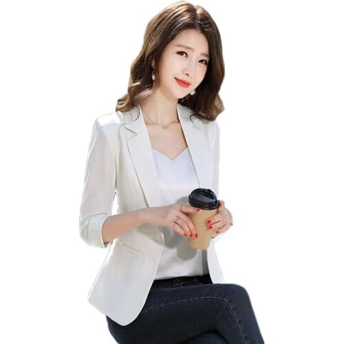 New Summer Thin Small Suit Jacket 2020 Lady Slim Single Button Blazer Women Casual Seven Points Sleeve Coat Plus Size S-5XL Y289