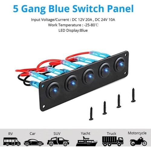New Arrival 5 Gang Blue LED Light Rocker Switch Panel Circuit Protection DC 12V-24V Car Dashboard Rocker Cars Replacement Parts