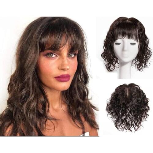BYMC Lace with Silk base Replacement System Human Hair with Bangs Toupee For Women Loose Wave with Clips Cover White Hair