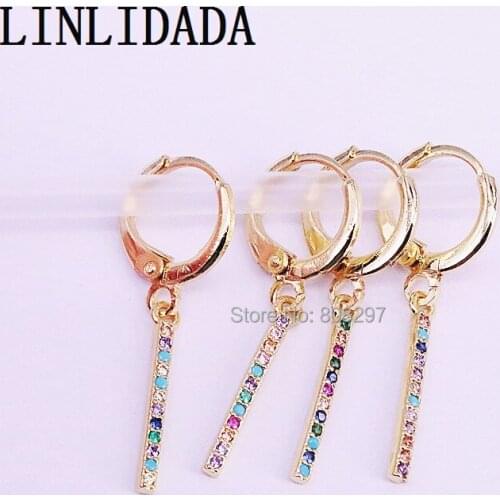10Pairs New Arrived Micro Pave rainbow cz colorful thin bar gold color dangle earring for girl /women gift