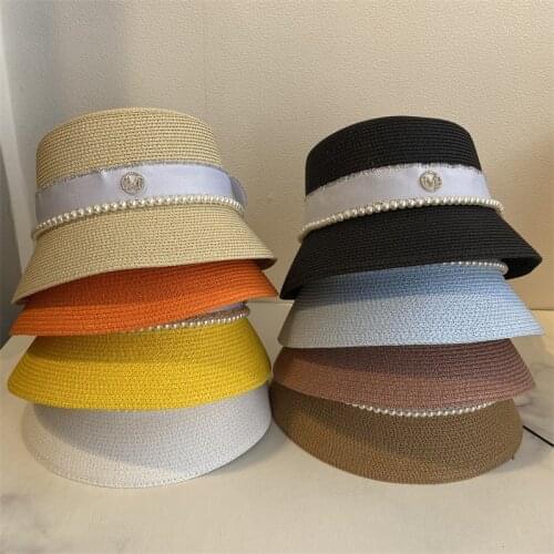 New Straw Women Summer Cape Bucket Hat Breathable Handmade Cute Hat Elegant Basin Fisherman Hat Pearl Chain Sombreros De Vaque