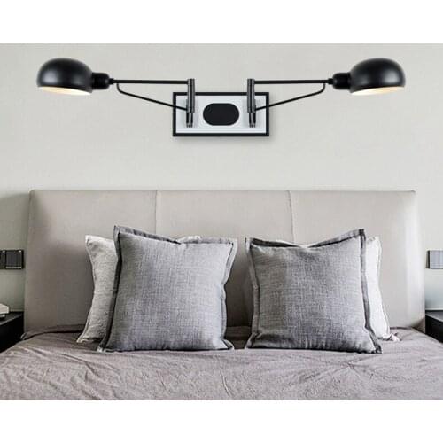Modern White/Black/Silvery Plated Iron Wall Lamp with Dual Heads LED E27 Foldable Swing Arms for Bedroom Bedside Wall Sconce
