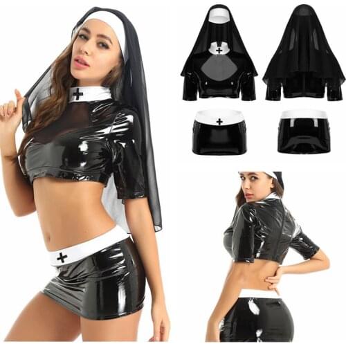 Women Adults Sexy Naughty Nun Cosplay Costumes Halloween Roleplay Outfit Crop Top with Bodycon Skirt and Headpiece for Clubwear