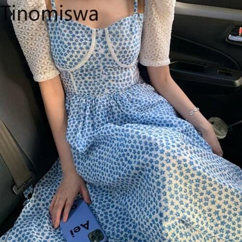 Tinomiswa Polka Dot Puff Sleeve Dress Women Square Collar Contrast Color Slim Waist A Line Midi Dresses Summer New Korean Style