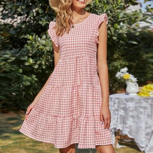 Woman Boho Casual Plaid Ruffle Midi Summer Dress Fashion O-neck Short Sleeves Dresses For Women 2021 Blue Beach Vestidos