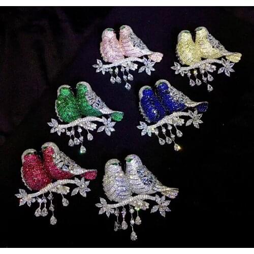 42*38MM small birds brooch pins 925 sterling silver with cubic zircon double birds fine women jewelry free shipping