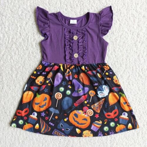 Kids Fashion Clothing Halloween Style Purple Flying Sleeve Evil jack-o-lantern Pattern Dress