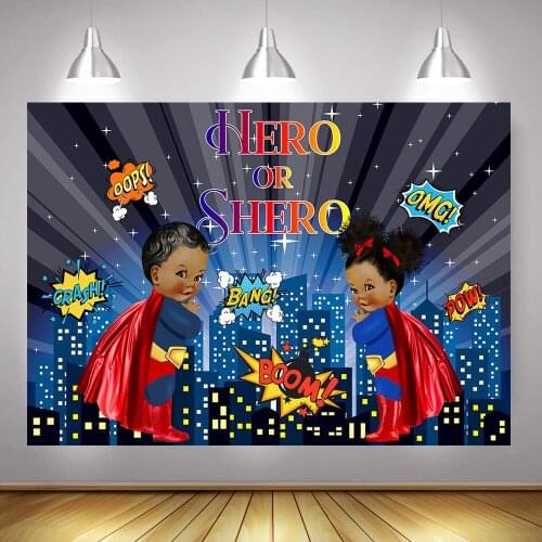 Super Hero Gender Reveal Party Photo Background Super Girl or Super Boy Newborn Baby Shower Cityscape Backdrop Photography