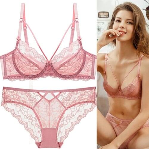 French Sexy Lace Pink Bra And Panty 2 Piece Set Women Underwear Breathable Transparent Sheer See Through Push Up Lingerie Set