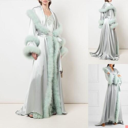 Fur Silk Bridal Bathrobe Two Pieces Long Sleeves Wedding Sleepwear Bath Robes Nightgowns Party Wear Women Dress Kimono