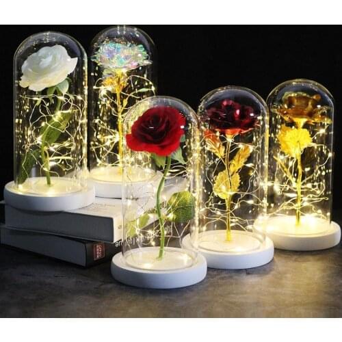 Simulation rose eternal flower in glass cover rose decoration LED rose lamp Valentines Day gift Mothers Day gift rose gift bo