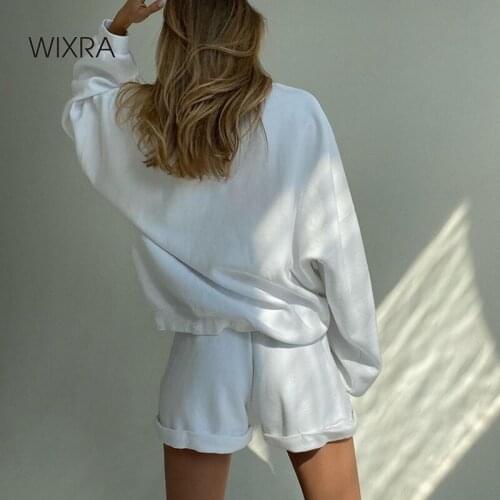 Wixra Women Suits Leisure Home Wear Solid Full Sleeve O-Neck Loose Sweatshirts+Lace Up Shorts Casual 2 Piece Sets