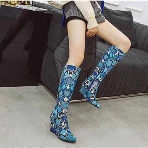 Western cowboy boots womens color matching wedge heel snakeskin high boots pointed knight boots womens boots