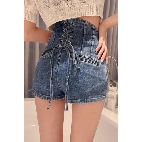 2020 Summer waist slimming high waist sexy outer wear straps tight-fitting bag hip denim shorts
