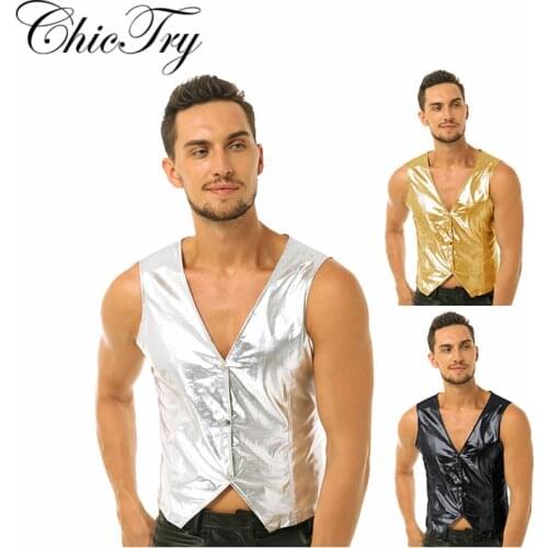 Fashion Sequins Male Cosplay Stage Performance Vest Mens Wetlook Patent Leather Soft Costume Vest Top Clubwear for Evening Party