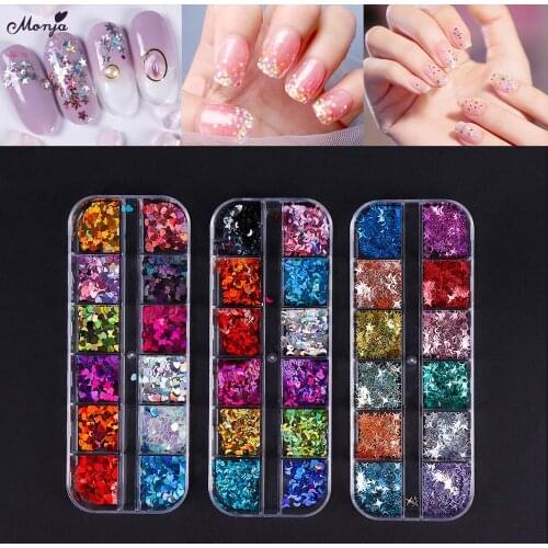 Monja 12 Grids Mixed Color Heart Shape Nail Art Glitter Flake Natural Sparkly Sequins 3D Decal Decorations Nails Accessories