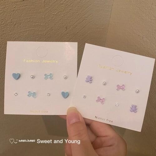 Color Girl Heart Bow Earrings Set Combination S925 Cute INS Small Fresh And Simple Fashion Pearl Earrings Female Tide
