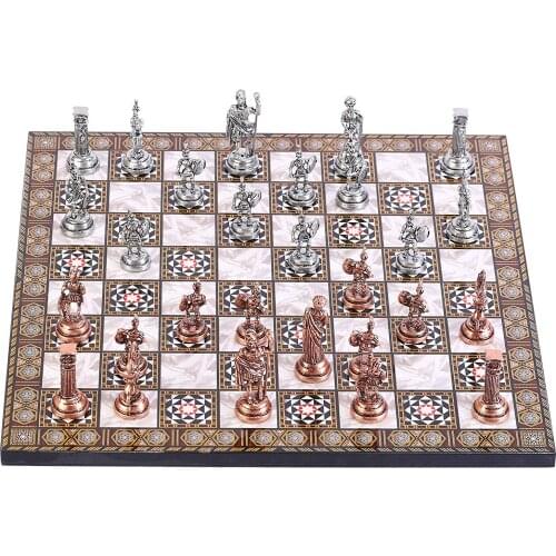 Antique Copper Rome Figures Metal Chess Set,Handmade Pieces and Mother-of-Pearl Patterned Wood Chess Board King 7cm