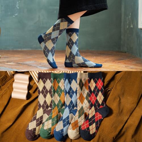 Crew Socks Women Diamond Plaid Knitted Pure Cotton British College Style Retro Deodorant Socks Japanese High-Quality Stockings