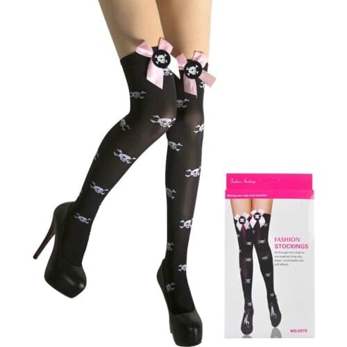 2021 New Girls Stockings Pink Bow Lace Skeleton Head Jacquard Knee Length Ladies Skull Dress