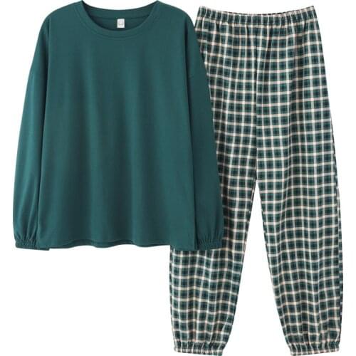 100% Cotton Women Pajamas Spring Long Sleeve Pajama Set Fresh Loose Home Clothes Round Neck Plaid Loungewear Sexy Nightwear