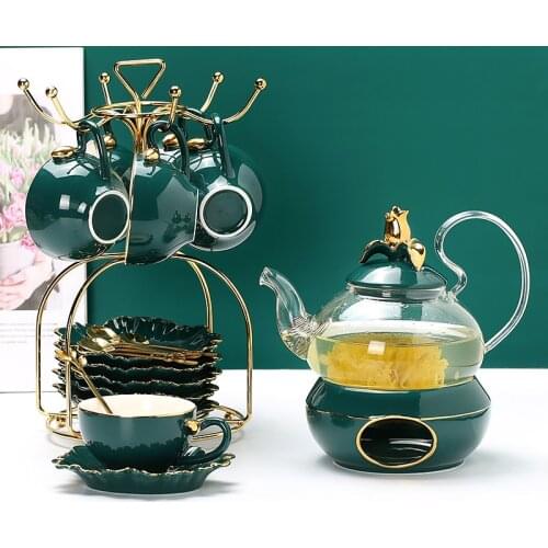 European Art Luxury Ceramic Tea Set 7-piece Green Phnom Penh Coffee Cup Flower Teapot Simple Office Afternoon Tea Set with Shelf