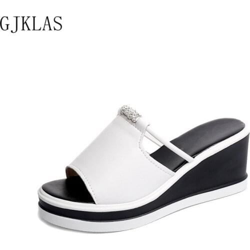 Slippers Leather Sandals Women Shoes High Heels Platform Wedges Shoes for Women Casuales White Black Heels Fashion Women Slipper