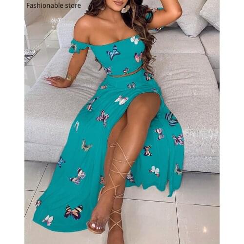 Sexy Off Shoulder Butterfly Print Top & High Slit Skirt Set