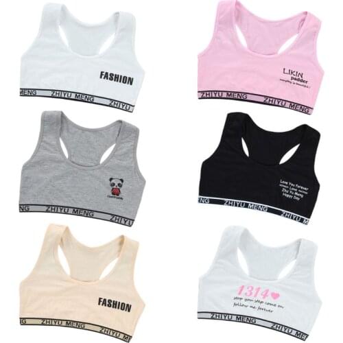 Junior Girl Racerback Cotton Sport Training Bra Letter Print Solid Color Wide Strap Underwear Bralette Seamless Layered Crop Top
