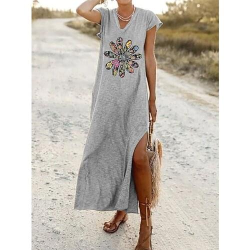 2021 Fashion Womens Daily Printing Color Block Loose V-neck Short Sleeve Long Dress Women XL