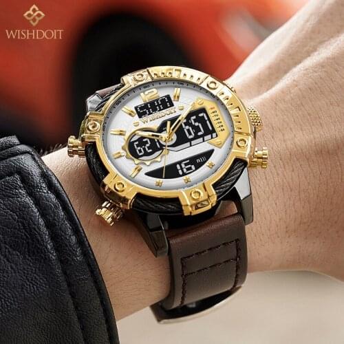 New WISHDOIT Brand Mens Watches Luxury Military Leather Dual Display Watch Mens Chronograph Waterproof Quartz Clock