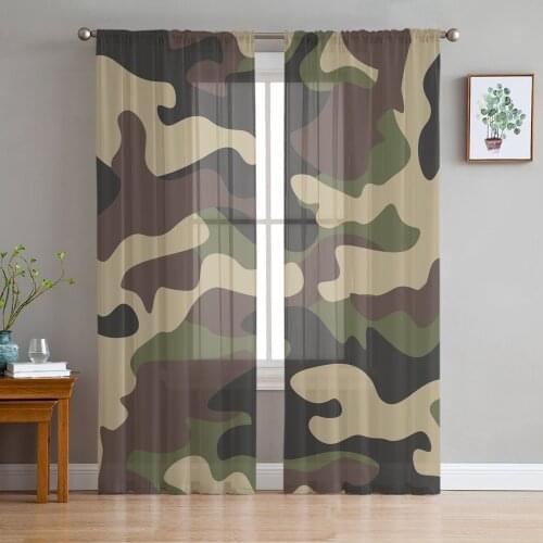 Camouflage Green Brown Geometric Curtain Window Tulle For Living Room Bedroom Kitchen Chiffon Sheer Window Treatment Decorations