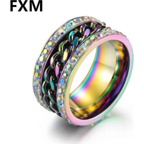 11MM Titanium Stainless Steel 3 Color Rotating Chain Cubic Zircon Rings Punk Style Mens Ring Jewelry Charm Party