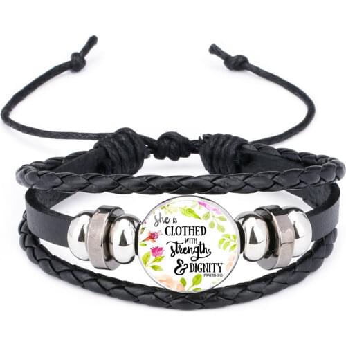10PC She is clothed with Strength and Dignity Leather Bracelet Proverbs 31:25 Bible Verse Christian Quote Bracelets Faith Gifts