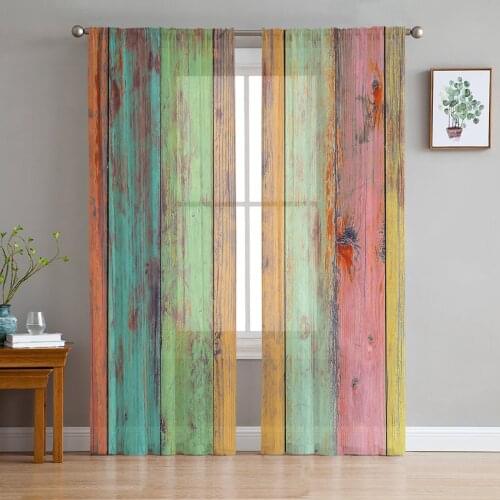 Colorful Wood Board Print Sheer Window Panel Curtains Room for Living Room Bedroom Kitchen Room Chiffon Tulle Curtains