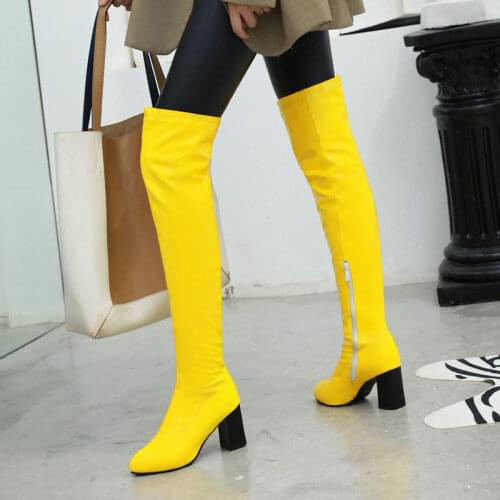 2021 Autumn Winter Fashion Over the Knee Boots Soft Pu Leather Square High Heel Knee High Boots Zipper Female Boots Yellow Black
