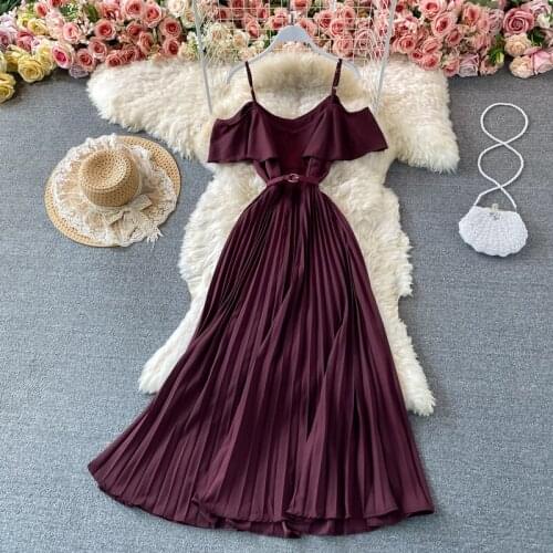 Summer Lotus Leaf Off-shoulder Sling Pleated Vestidos Womens Elegant Temperament Waist Slimming Midi Dress GK660