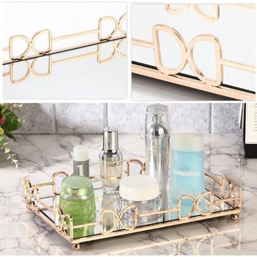 Rectangle Gold Mirror Tray Perfume Jewelry Display Dresser Vanity Serving Tray Makeup Organizer for Bathroom