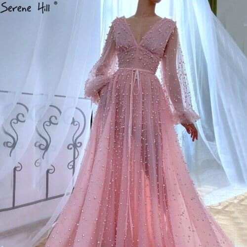 Pink A-Line Long Sleeves Sexy Evening Dresses V-Neck Pearls Formal Dresses Evening Gown Design Serene Hill 2020 BLA70527