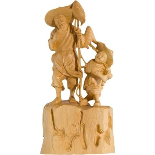 Fisherman and Fishing Kid 20cm Wood Carving Ornaments Solid Wood Handmade Chinese Carving Collection