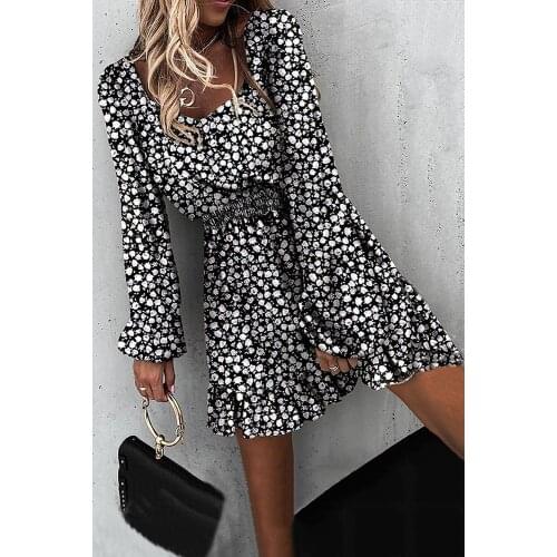 Elastic Waist Ruffled Floral Dress Women Sexy O Neck Three Quater Sleeve Plus Size S-XL Spring Short Beach Dress Outfits
