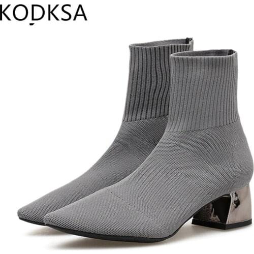 2021 Autumn Winter Knitted Stretch Fabric Socks Women Boots Low heel Short Boots Gray PointedToe Women Ankle Boots