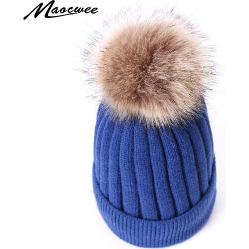 Faux Fur Pompom Hat Winter Wool Beanie Hats For Women Outdoor Knitted Thick Warm Ski Caps Fashion Solid Color Skullies Beanies