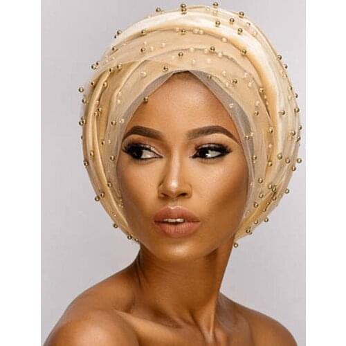 New Velvet Lace Pearl Turban Cap Muslim Long Tail Headscarf Hat Islamic Underscarf Bonnet Ladies African Wrap Under Scarves