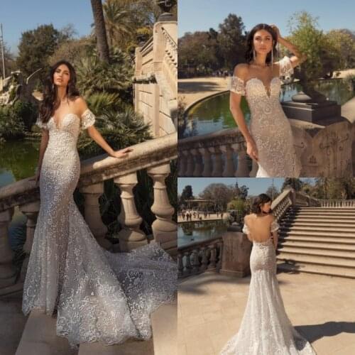 2020 Wedding Dresses Off Shoulder Full Lace Appliques Bridal Gowns Custom Made Open Back Sweep Train Mermaid Wedding Dress