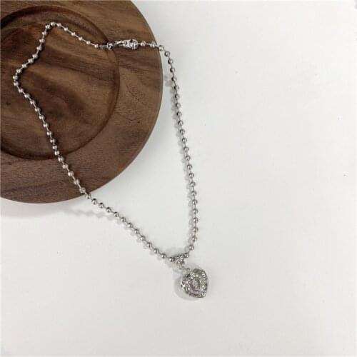 Unique Design Lake Blue Love Heart Pendant Necklace for Women Girls Delicate Rhinestone Hollow Out Round Beaded Necklace Jewelry
