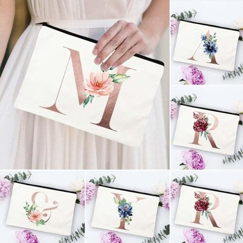 A B C English Alphabet Flowers Makeup Bag Organizer Zipper Cosmetic Pouch Women White Travel Portable Toiletries Storage Bag