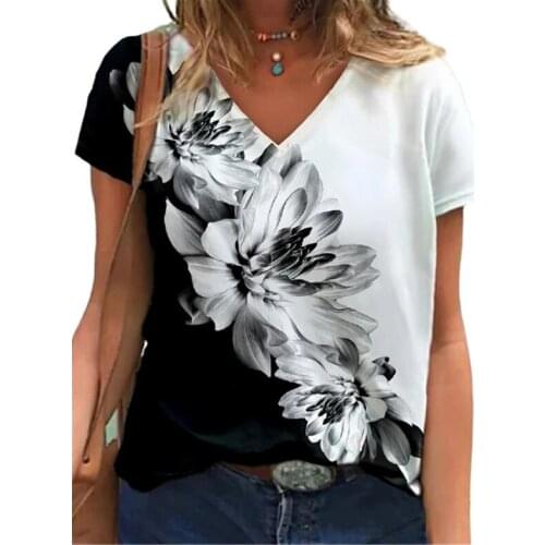 5XL Oversized Mrs Tops Women Floral 3D Print T Shirt Loose V-Neck Short Sleeve Casual Tee Top 2021 Summer New Streetwear