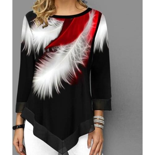 Feather Print Women T Shirt 2021 Spring Autumn Round Neck Short Sleeve Boho Tee Shirts Female Pullover Tops Casual Loose T-shirt
