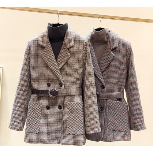 Jacket Female Coat Thicken Suit Belt Loose Fashion Woman Double Row Buckle Chalaza Lattice Vintage Plus Size Boyfriend Outerwear